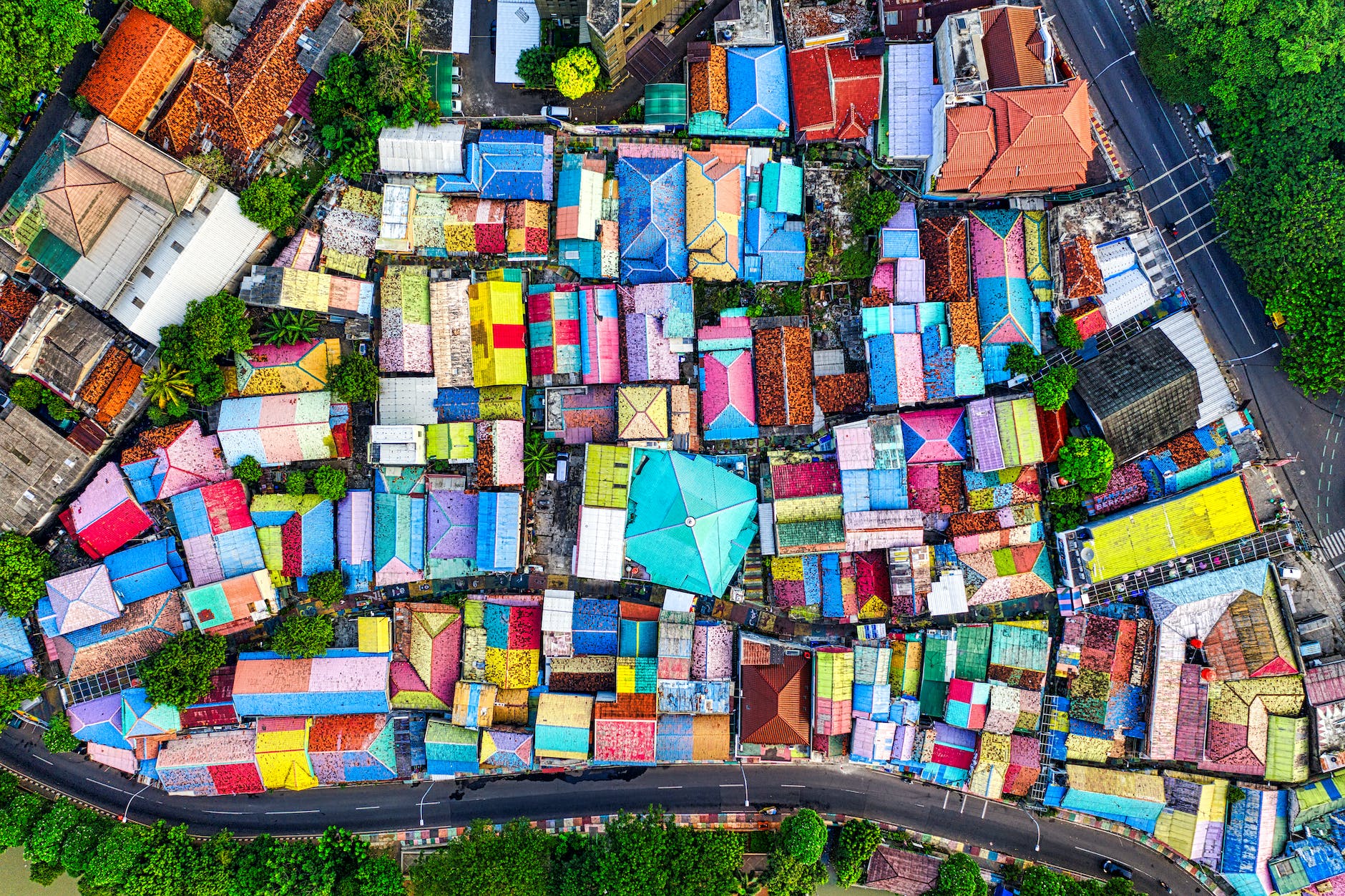 aerial view of colorful houses